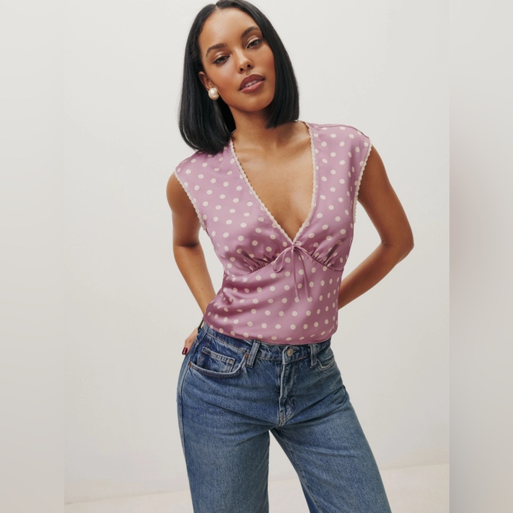 Reformation Cherry Top in Lilac Dot